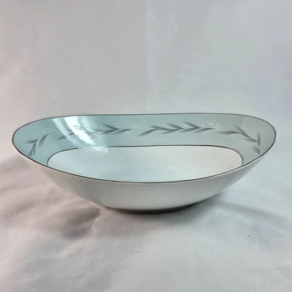Noritake Sheldon Serving Bowl 10 Inch White with Aqua Band and White Flowers